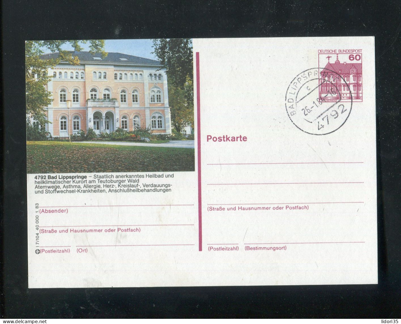 "BUNDESREPUBLIK DEUTSCHLAND" 1983, Bildpostkarte Mit Bildgleichem Stempel Ex "BAD LIPPSPRINGE" (L1100) - Cartoline Illustrate - Usati