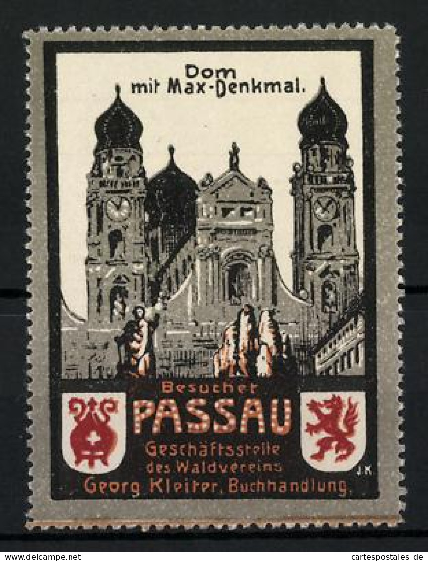 Reklamemarke Passau, Dom Mit Max-Denkmal, Wappen, Buchhandlung Georg Kleiter  - Erinnofilie