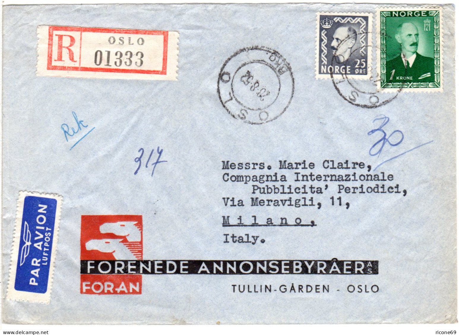 Norwegen 1952, 25 öre+1 Kr. Auf Reko Luftpost Firmenbrief V. Oslo N. Italien - Lettres & Documents