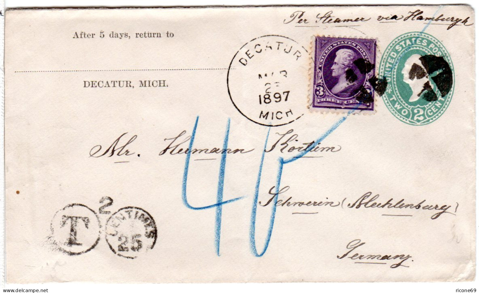 USA 1897, 3 C. Auf 2 C. Ganzsache Brief M. Portostpl. V. Decatur N. Deutschland - Autres & Non Classés