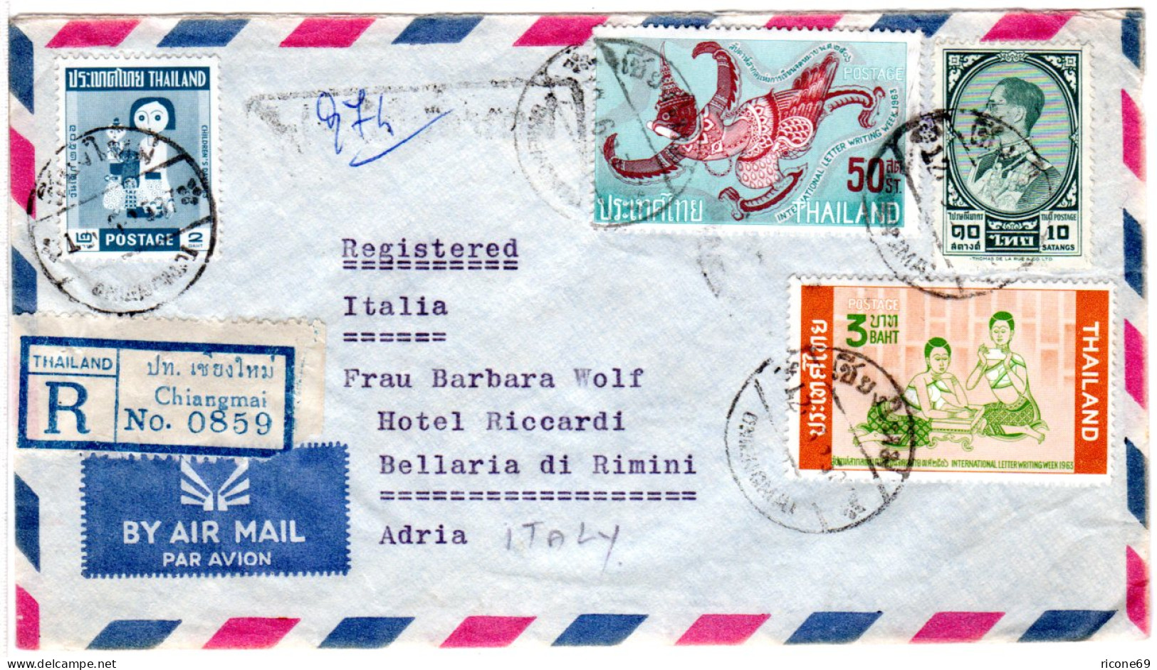 Thailand 1964, 4 Marken Auf Schönem Luftpost Reko Brief V. Chiangmai N. Italien - Otros - Asia