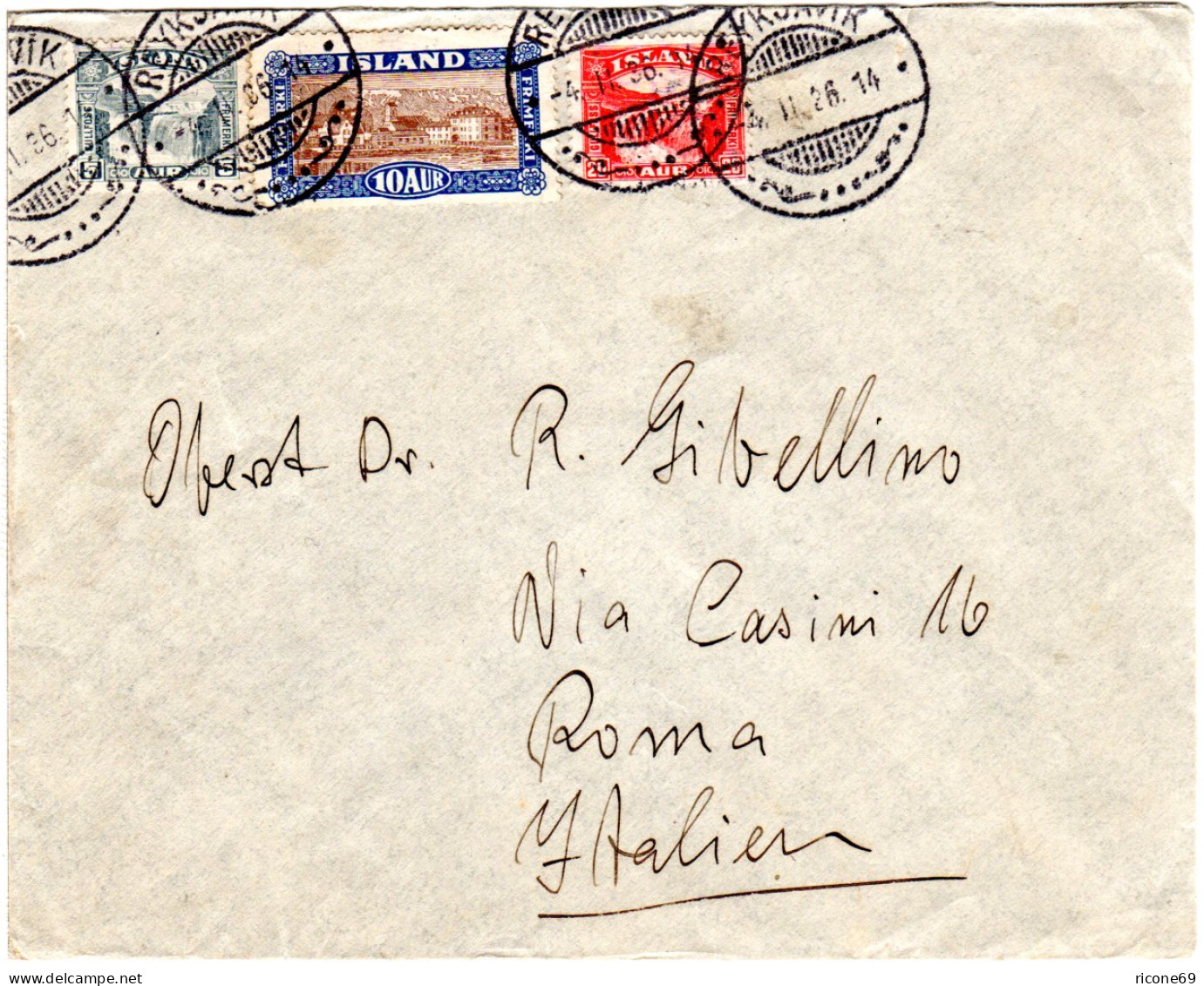 Island 1936, 5+10+20 Aur Auf Brief V. Reykjavik N. Italien. - Storia Postale