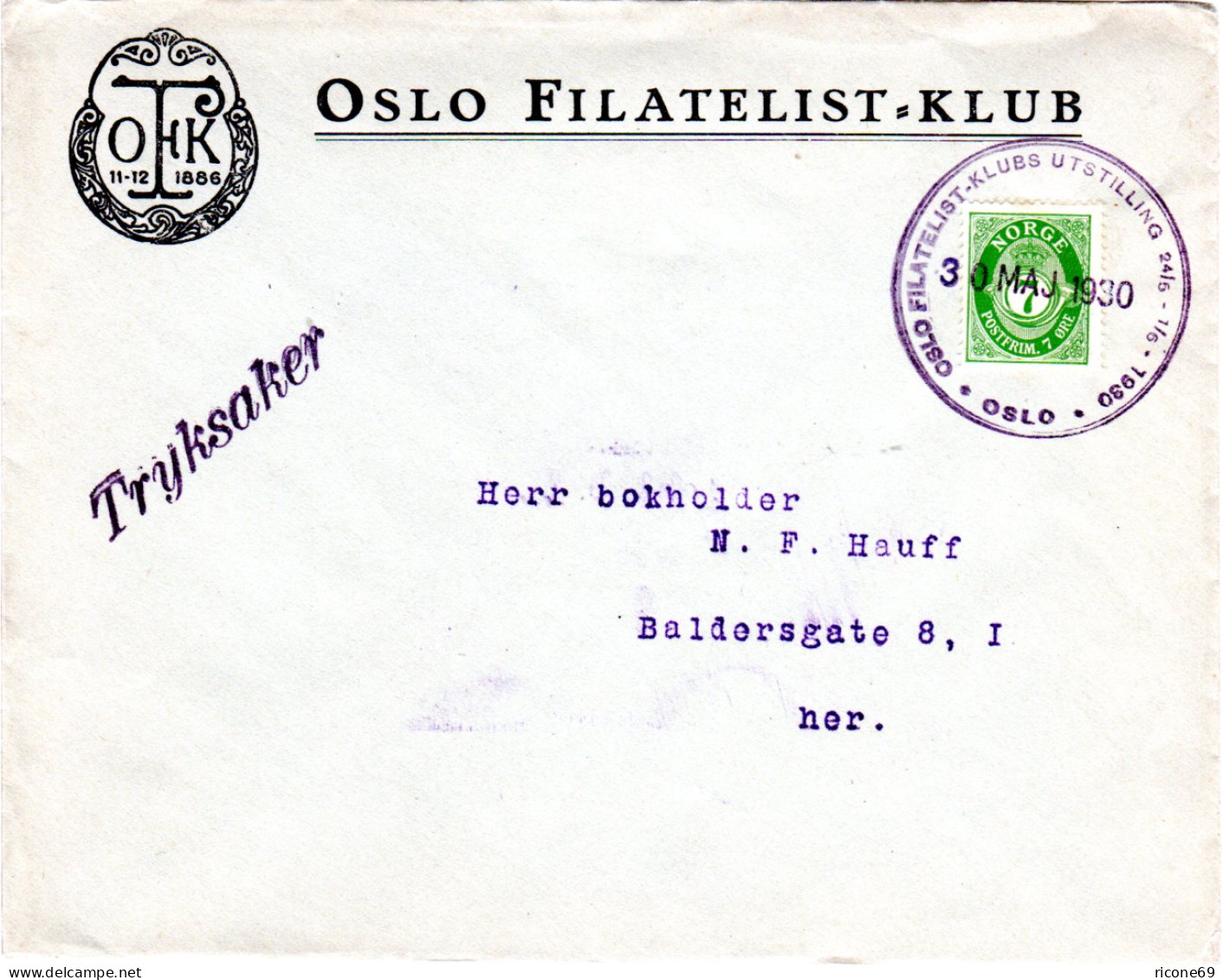 Norwegen 1930, Oslo Filatelist-Klubb Ausstellungs Sonderstpl. Auf Brief M. 7 öre - Lettres & Documents