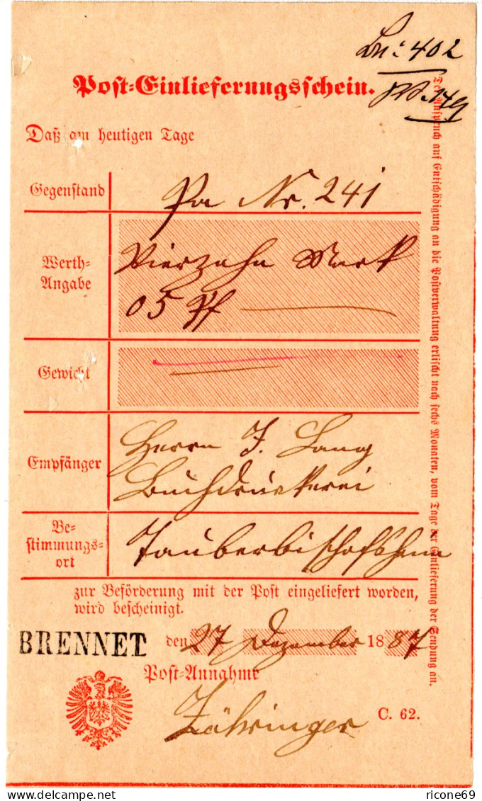 DR 1887, Nachverwendeter Baden-L1 BRENNET Auf Postschein F. Wertbrief. - Briefe U. Dokumente