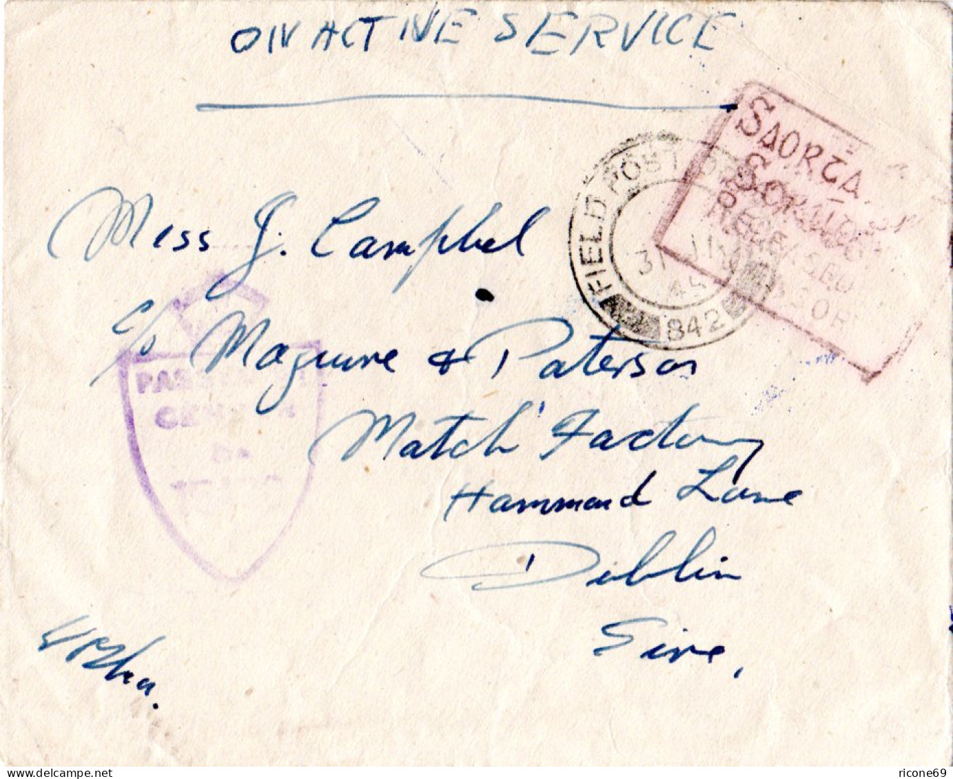 Irland 1944, FPO 842, Feldpost Brief M. Irischer Zensur Released By Censor - Cartas & Documentos