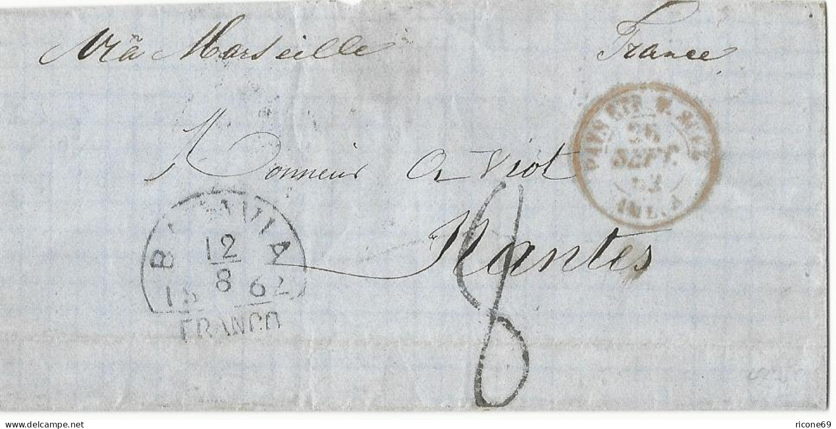 NL Indien 1862, Batavia Franco Auf Brief Via Suez M. Frankreich Porto Stpl. "8" - Malasia (1964-...)