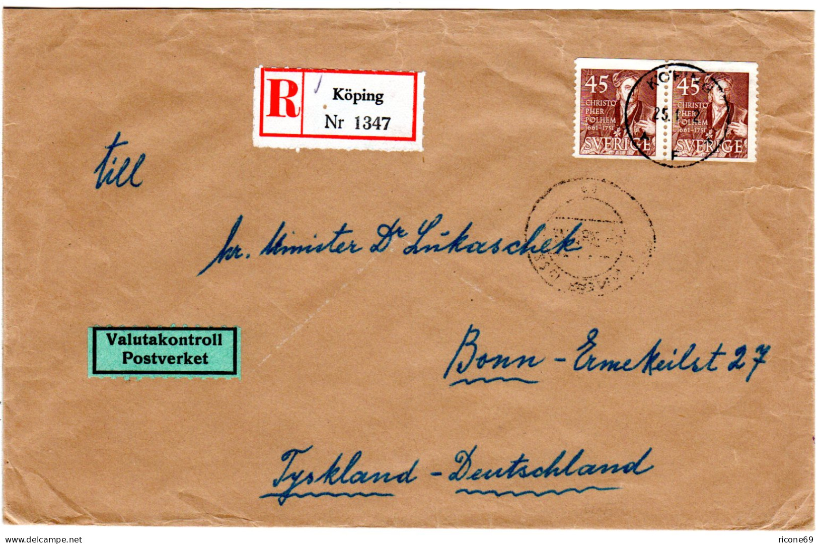 Schweden 1952, MeF Paar 45 öre Auf Reko Brief N. Deutschland M. Devisenzensur - Briefe U. Dokumente