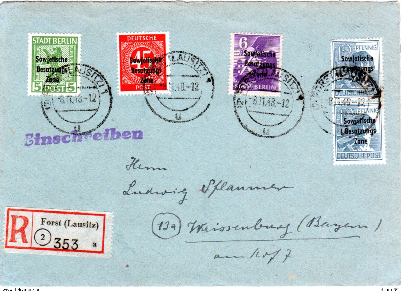 SBZ 1948, 5 Marken Auf Einschreiben Brief V. Forst (Lausitz) N. Bayern. - Brieven En Documenten