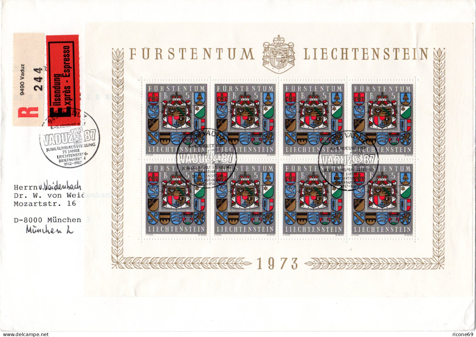 Liechtenstein 590, 8x5 Fr., Kpl. Kleinbogen Auf Einschreiben Eilboten Brief  - Altri & Non Classificati