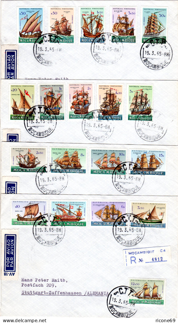 Mocambique 1965, 20 Werte Segelschiffe Kpl. Ausgabe Auf 4 Luftpost Reko Briefen - Africa (Varia)