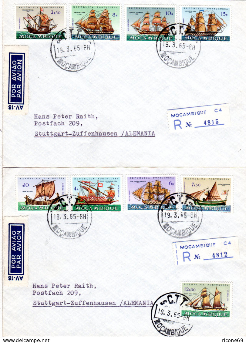 Mocambique 1965, 20 Werte Segelschiffe Kpl. Ausgabe Auf 4 Luftpost Reko Briefen - Africa (Other)