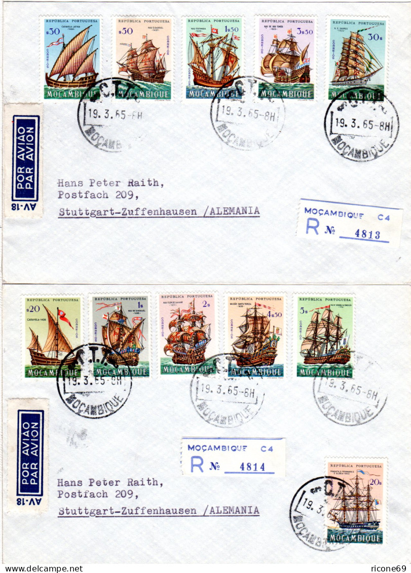 Mocambique 1965, 20 Werte Segelschiffe Kpl. Ausgabe Auf 4 Luftpost Reko Briefen - Autres - Afrique