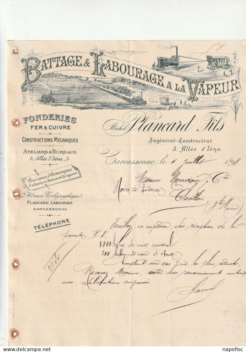 11-M.Plancard Fils...Battage & Labourage, Fonderies Fer & Cuivre..Carcassonne..(Aude)..1898 - Landwirtschaft