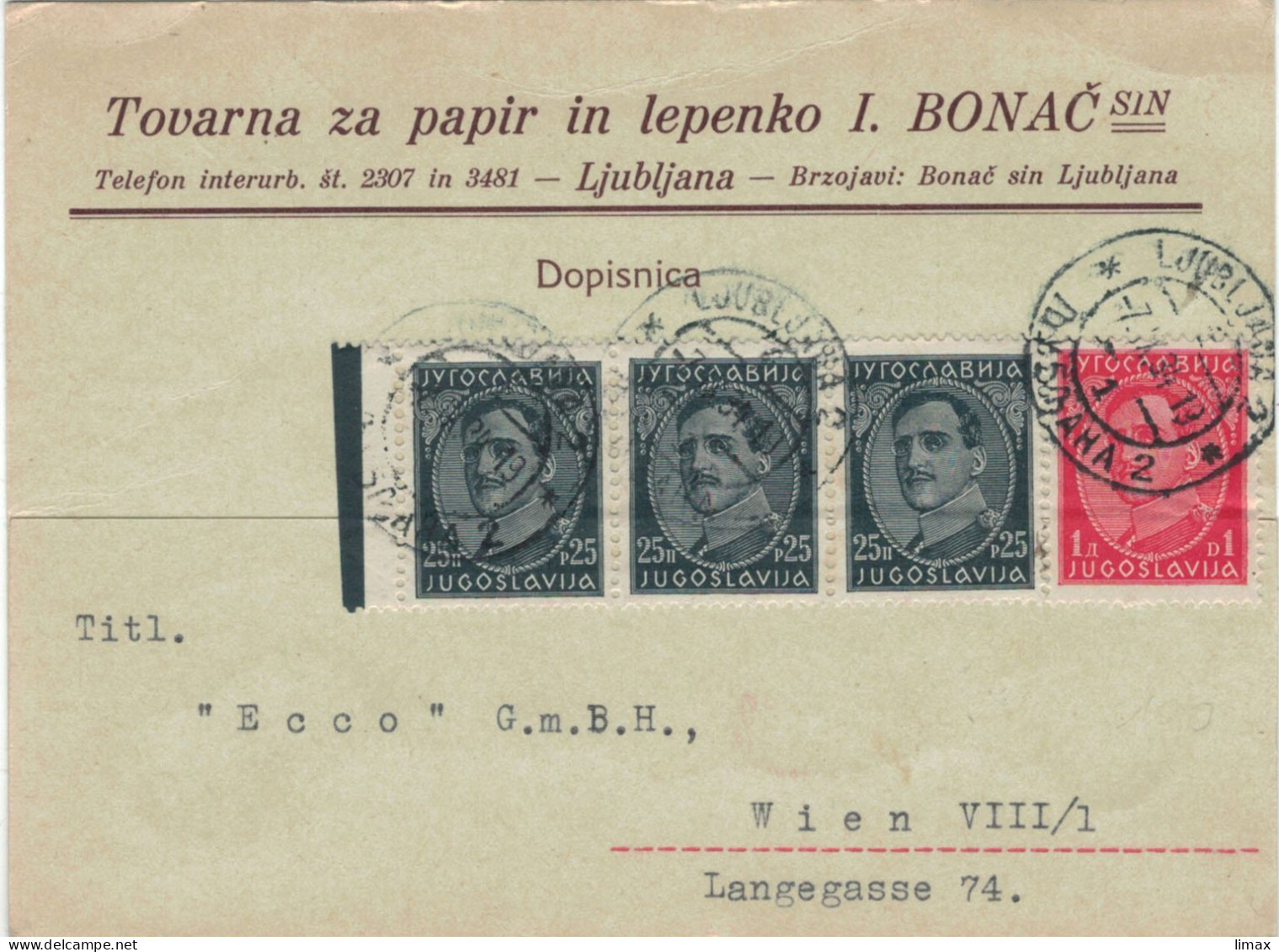 Bonac Papier Ljubliana 1934 > Ecco Wien - Urgenz Versand Balata-Riemen - Storia Postale