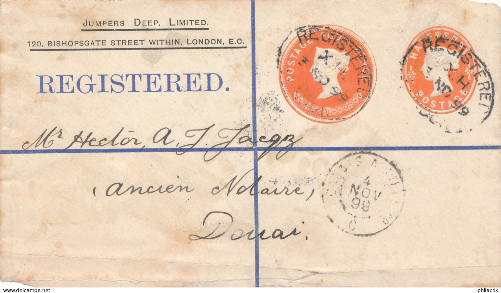 GRANDE BRETAGNE - DEVANT D ENTIER POSTAL REGISTERED OBLITERE AVEC CAD DU 4 NOVEMBRE 1899 JUMPERS DEEP LIMITED DOUAI - Material Postal