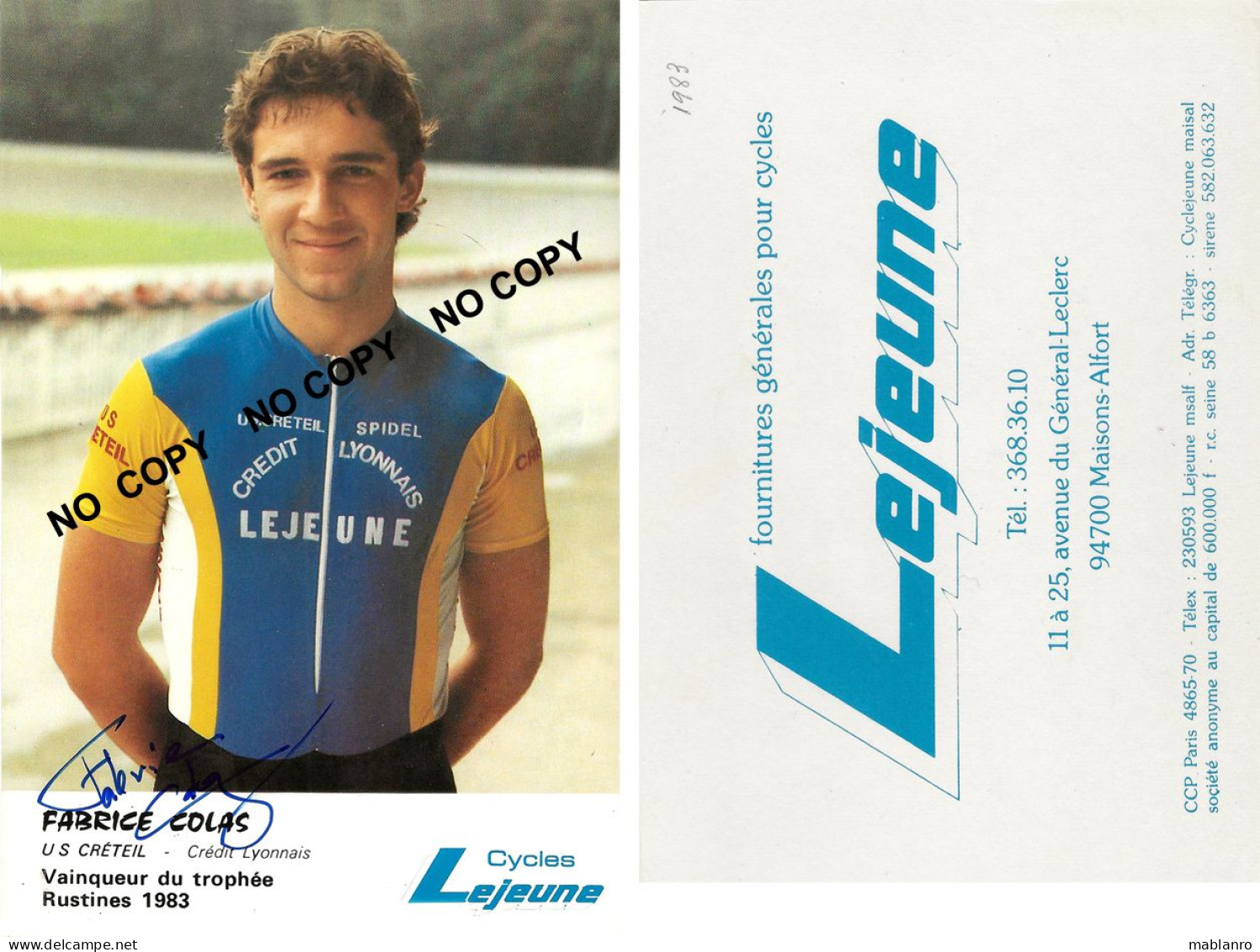 CARTE CYCLISME FABRICE COLAS TEAM LEJEUNE 1983 - Cyclisme