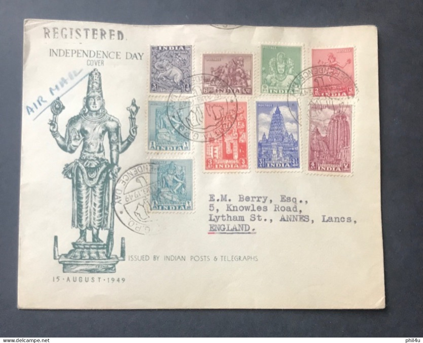 1949 India Archaeology Stamps To 4as. FDCover Regd. To England - Briefe U. Dokumente