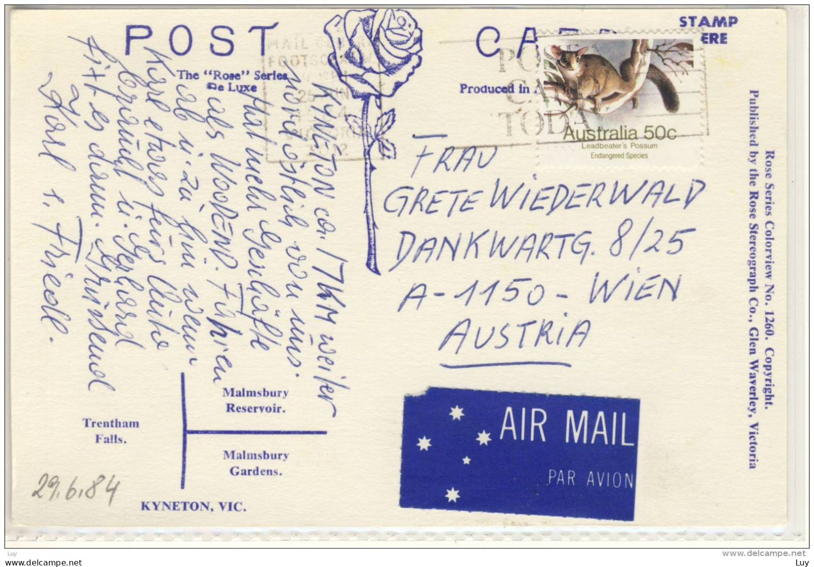 KYNETON, Victoria - Malmsbury, Trentham Falls , Rose Series PC, ... Nice Stamp - Other & Unclassified