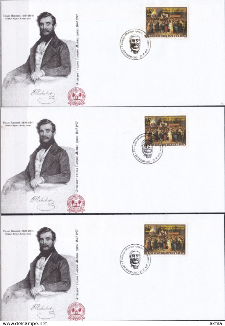 Yugoslavia 1997 Todor Pavlovic, Founder Of The Matica Srpska Museum, On 3 Commemorative Envelopes - Oblitérés