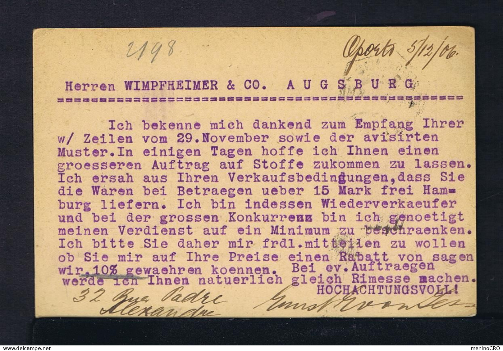 87124 PORTUGAL Postal Stationery (UPU) D.Charles 20r. Mailed Porto 1906-XII-05 »Augsburg Pmk - Otros & Sin Clasificación