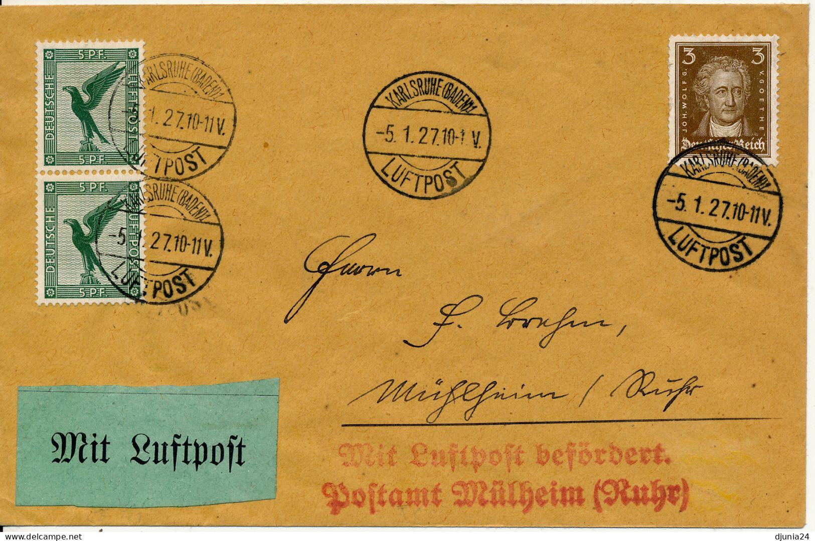 BF0707 / KARLSRUHE / LUFTPOST  -  5.1.27  ,  Nach Mühlheim / Ruhr   -  Michel  378 , 385 - Posta Aerea & Zeppelin