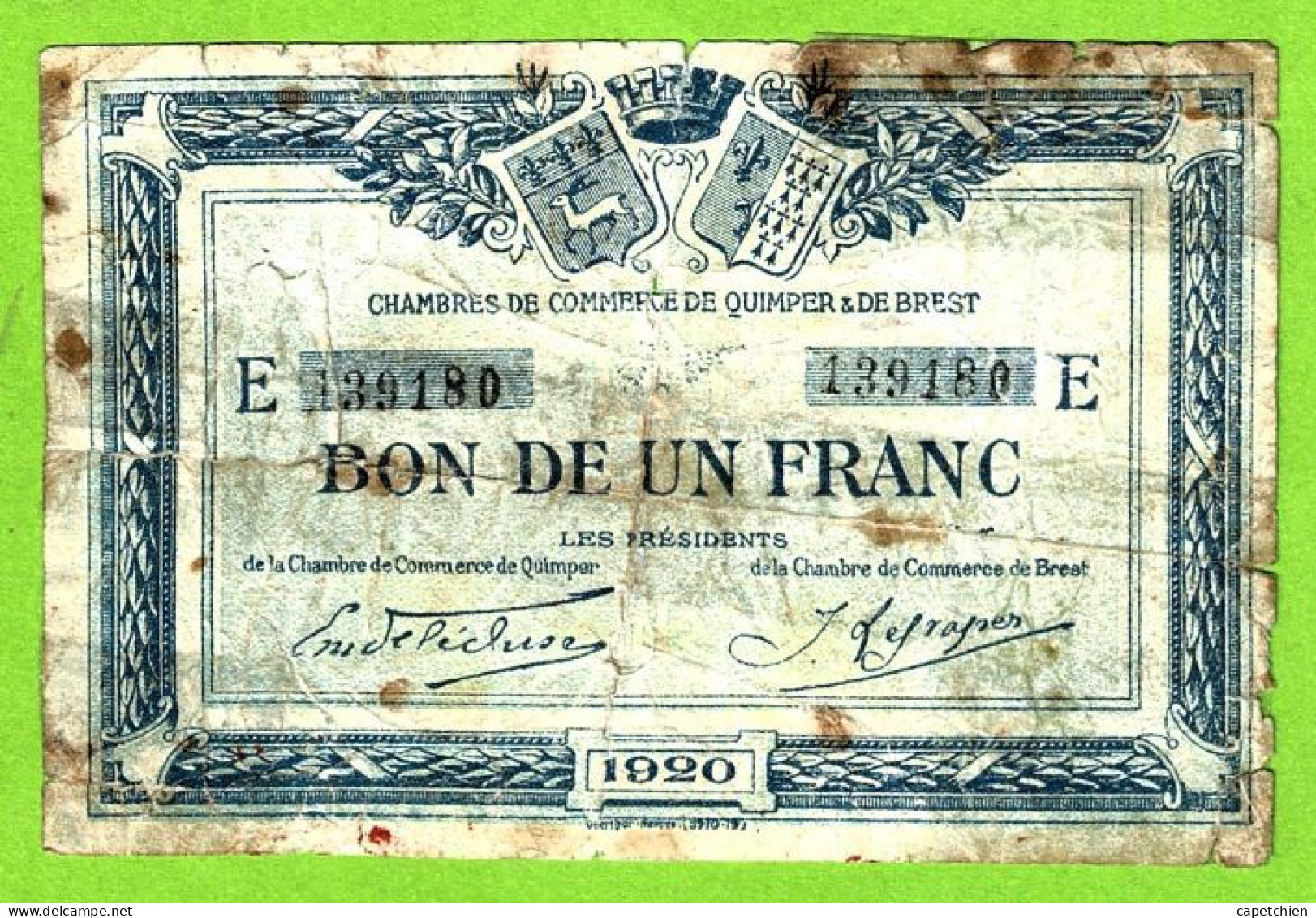 FRANCE/ CHAMBRES DE COMMERCE QUIMPER & BREST/ BON De 1 FRANC / 1920 / 139180 / SERIE E - Chambre De Commerce