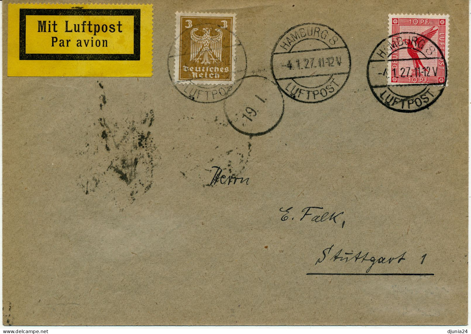 BF0708 / HAMBURG / LUFTPOST  -  4.1.27  ,  Nach Stuttgart   -  Michel  355 , 379 - Poste Aérienne & Zeppelin