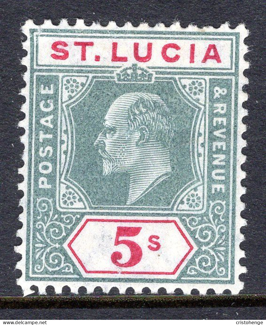 St Lucia 1904-10 KEVII - Wmk. Multiple Crown CA - 5/- Green & Carmine HM (SG 76) - Ste Lucie (...-1978)