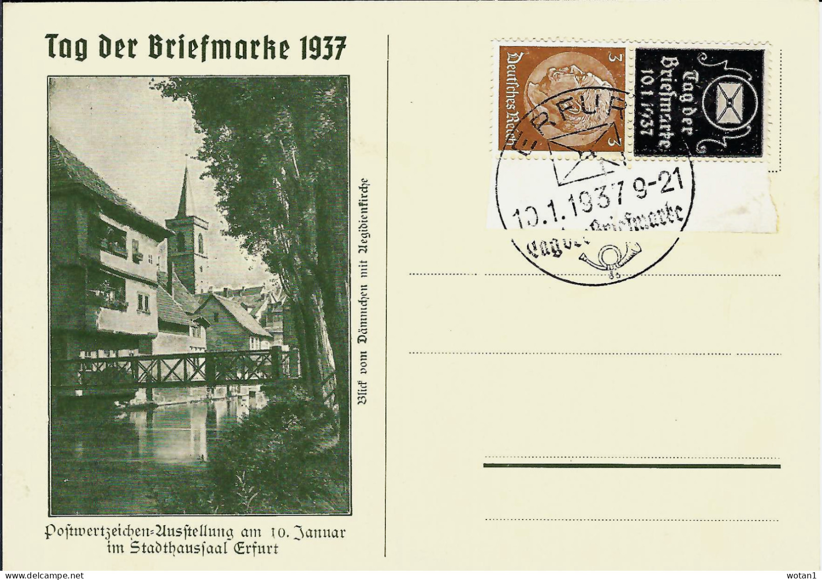 ALLEMAGNE - T.P. 441 Avec Vignette "Tag Der Briefmarke 19.1-1937" S/C.P. ERFURT - Día Del Sello