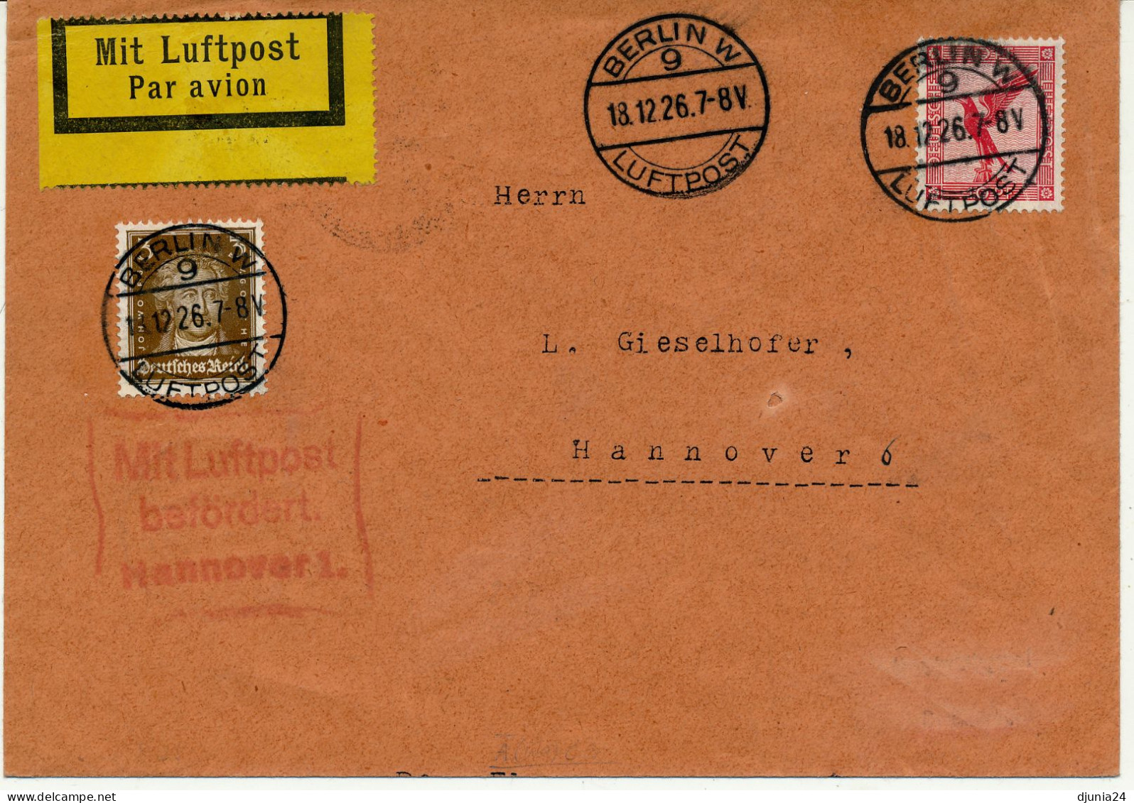 BF0709 / BERLIN / LUFTPOST  -  18.12.26  ,  Nach Hannover   -  Michel  379 , 385 - Airmail & Zeppelin