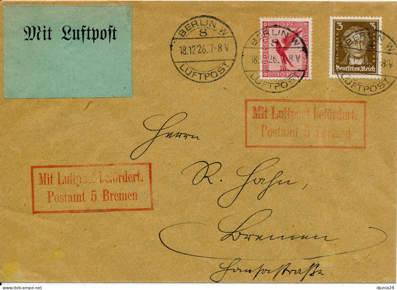 BF0710 / BERLIN / LUFTPOST  -  18.12.26  ,  Nach Bremen   -  Michel  379 , 385 - Airmail & Zeppelin