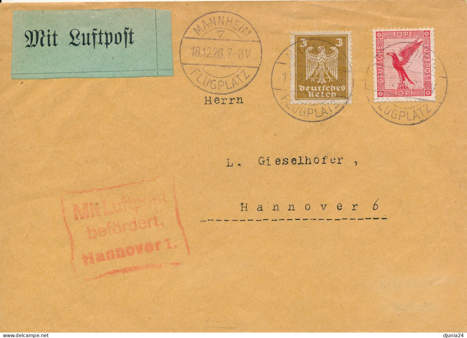BF0711 / MANNHEIM / FLUGPLATZ  -  18.12.26  ,  Nach Hannover   -  Michel  379 , 385 - Poste Aérienne & Zeppelin