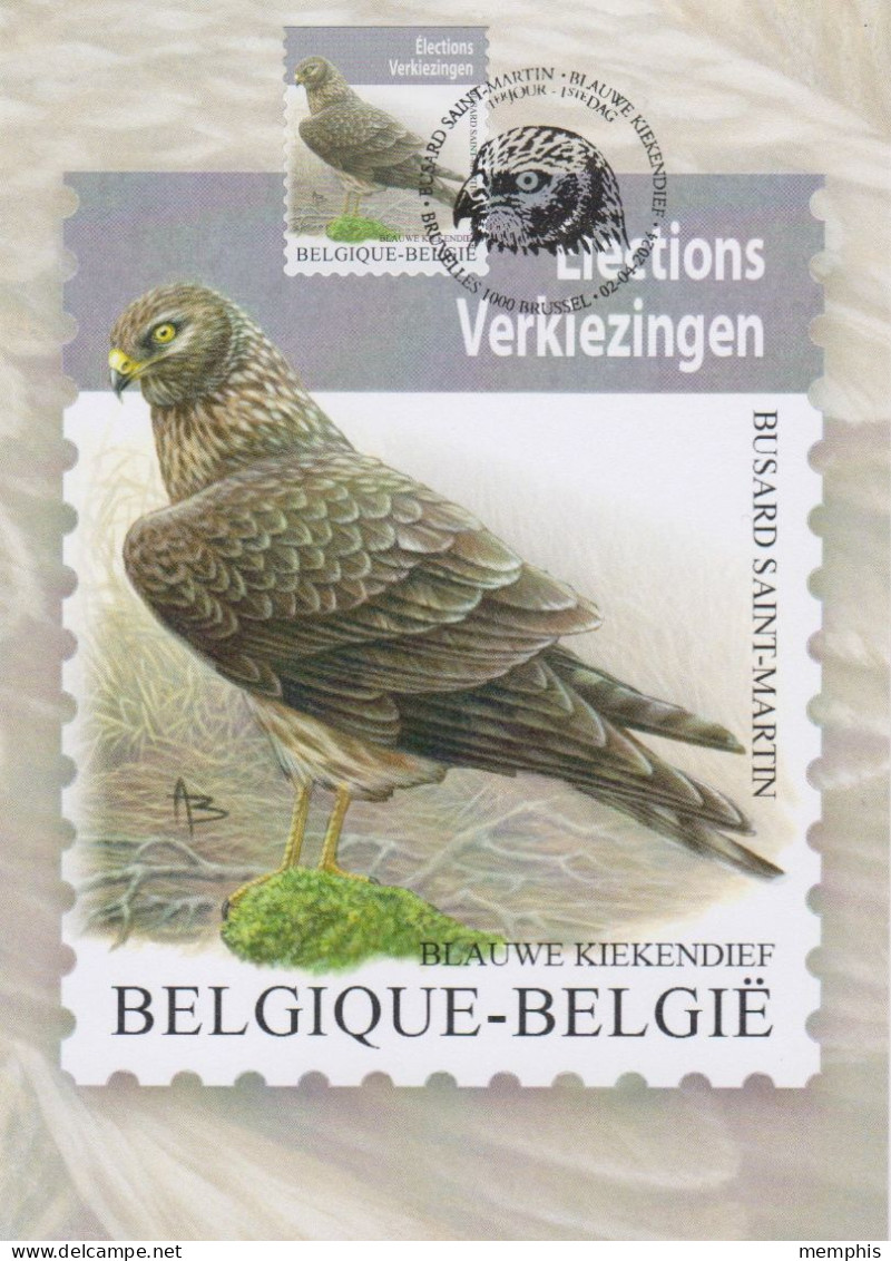 Maximumkaart Bpost "Blauwe Kiekendief" Met Zegel En Stempel 1ste Dag "Bruxelles-Brussel" 02-04-2024 - 1985-.. Vogels (Buzin)