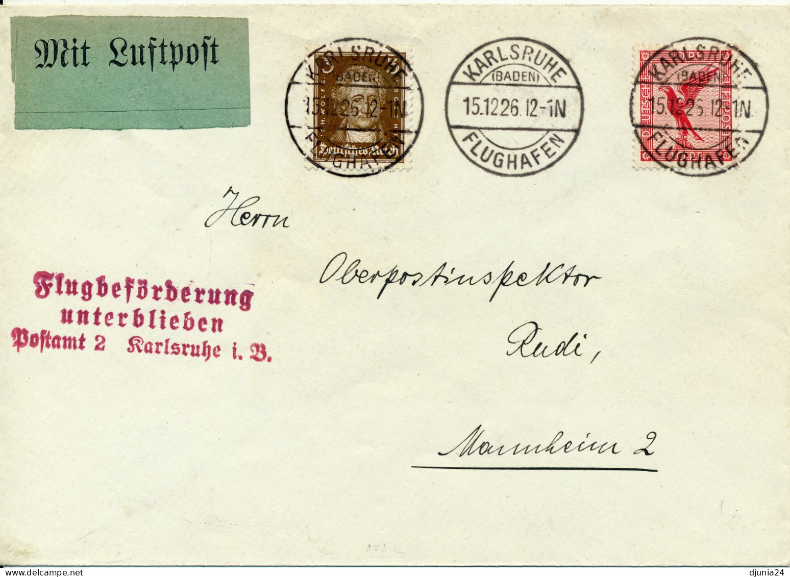 BF0713 / KARSLSRUHE / FLUGHAFEN  -  15.12.26  ,  Nach Leipzig   -  Michel  379 , 385 - Luchtpost & Zeppelin