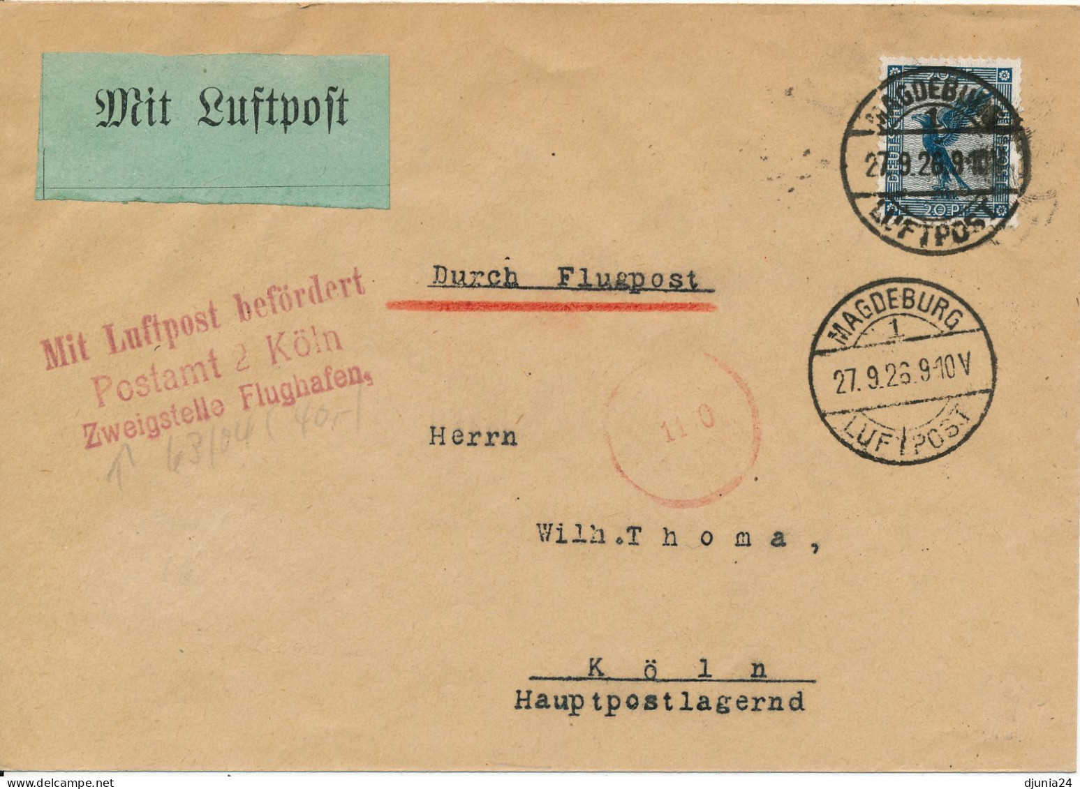 BF0714 / MAGDEBURG / LUFTPOST  -  27.9.26  ,  Nach Köln   -  Michel  380 - Airmail & Zeppelin