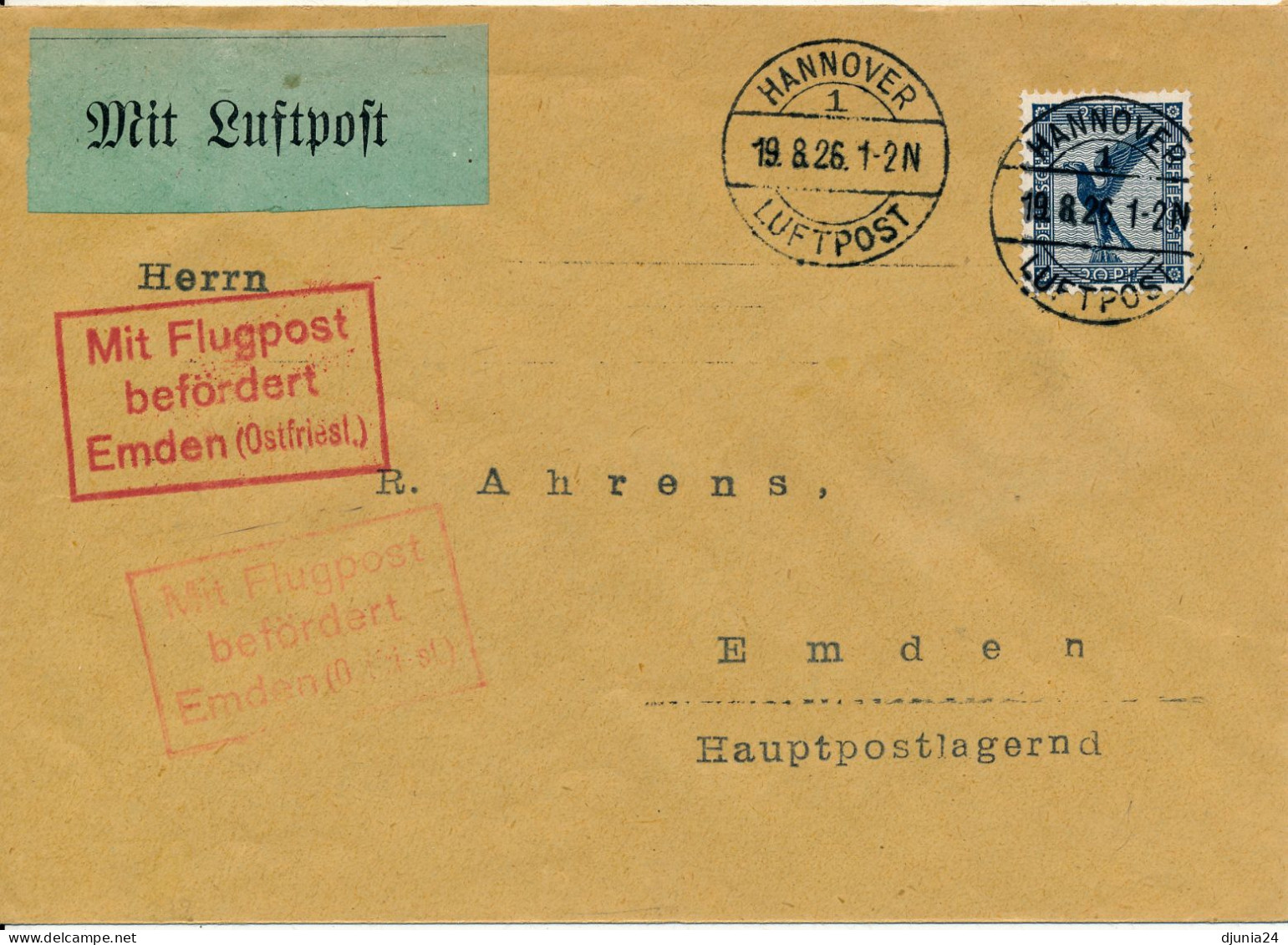 BF0715 / HANNOVER / LUFTPOST  -  19.8.26  ,  Nach Emden   -  Michel  380 - Correo Aéreo & Zeppelin