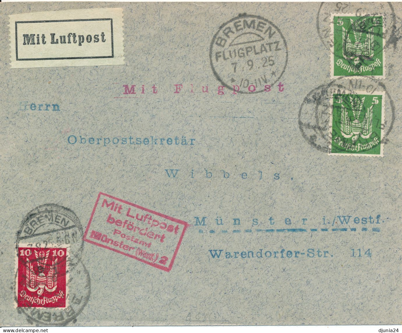 BF0717 / BREMEN / FLUGPLATZ  -  7.9.25  ,  Nach Münster   -  Michel  344 , 345 - Airmail & Zeppelin