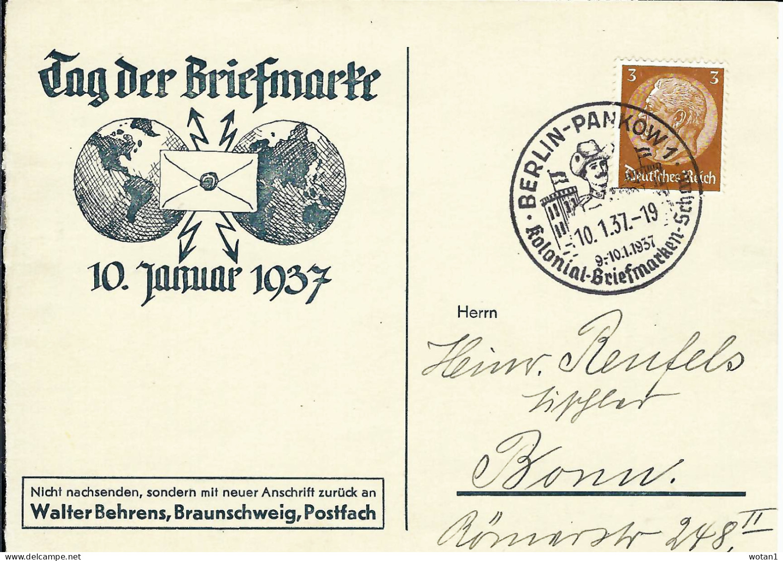 ALLEMAGNE - C.P. "Tag Der Briefmarke" Avec Obl. BERLIN-PANKOW 1 Du 10.1.37 - Dag Van De Postzegel