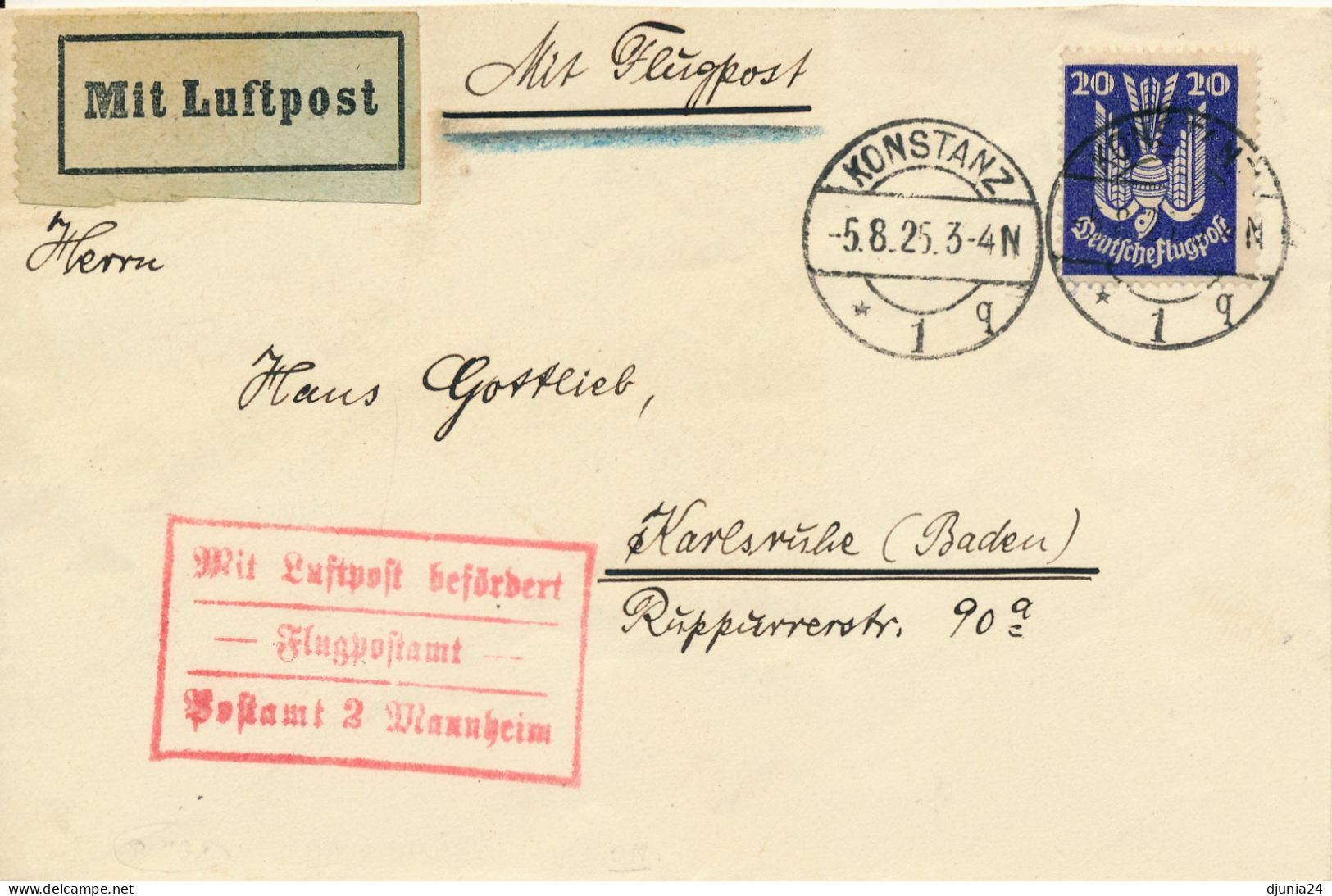 BF0718 / KONSTANZ  -  5.8.25  ,  über Mannheim Nach Karlsruhe   -  Michel  346x - Airmail & Zeppelin