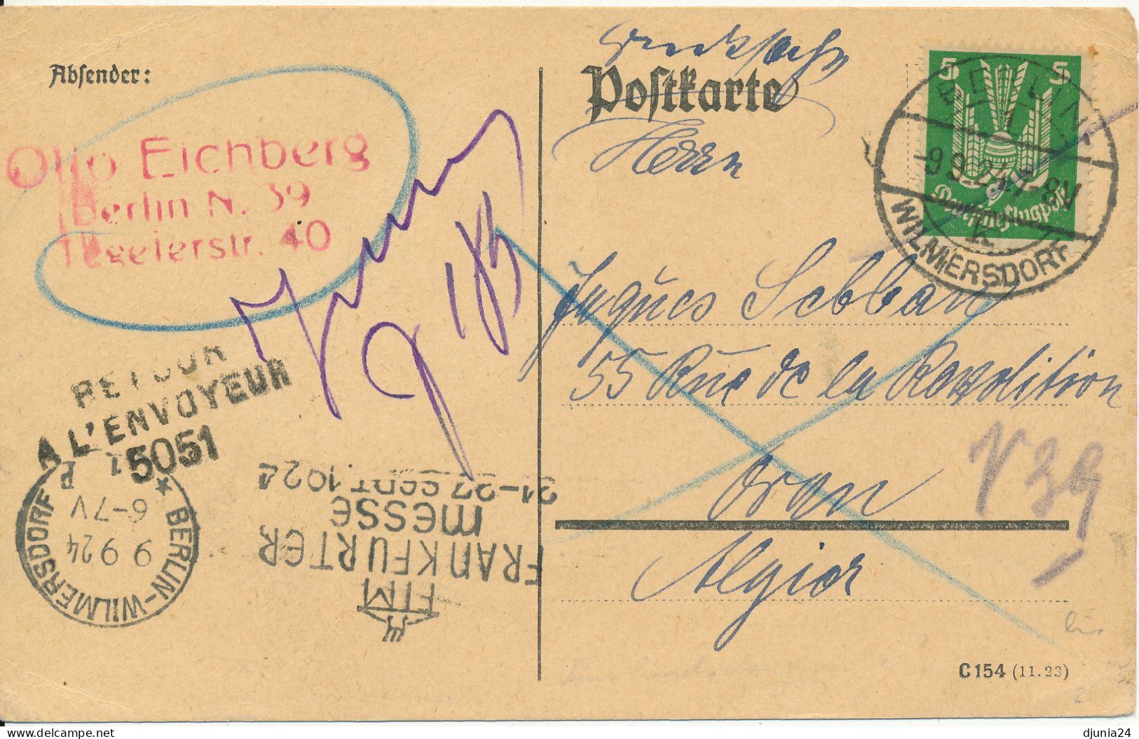 BF0719 / BERLIN-WILMERSDORF  -  9.9.24  ,  Drucksache Nach Oran / Algerien   -  Michel  344x - Airmail & Zeppelin