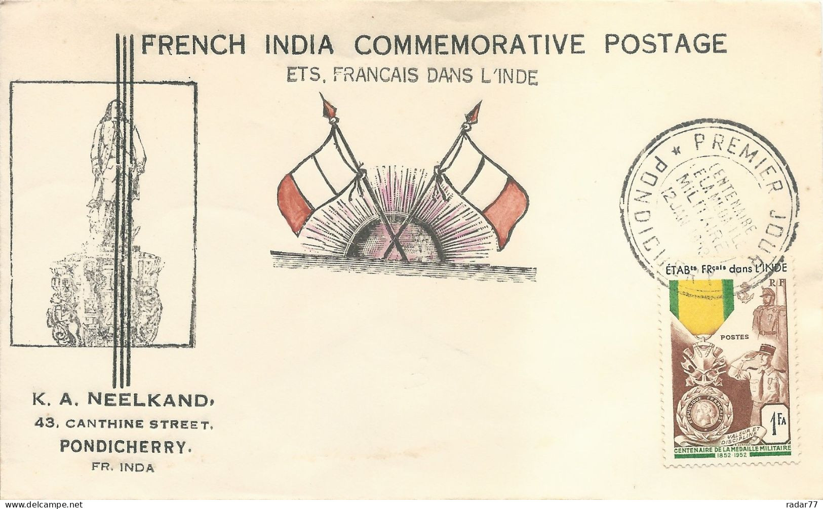 1er Jour FDC Etablissements Français Dans L'Inde N°258 Centenaire De La Médaille Militaire -  Pondichéry - 12/01/1952 - Briefe U. Dokumente