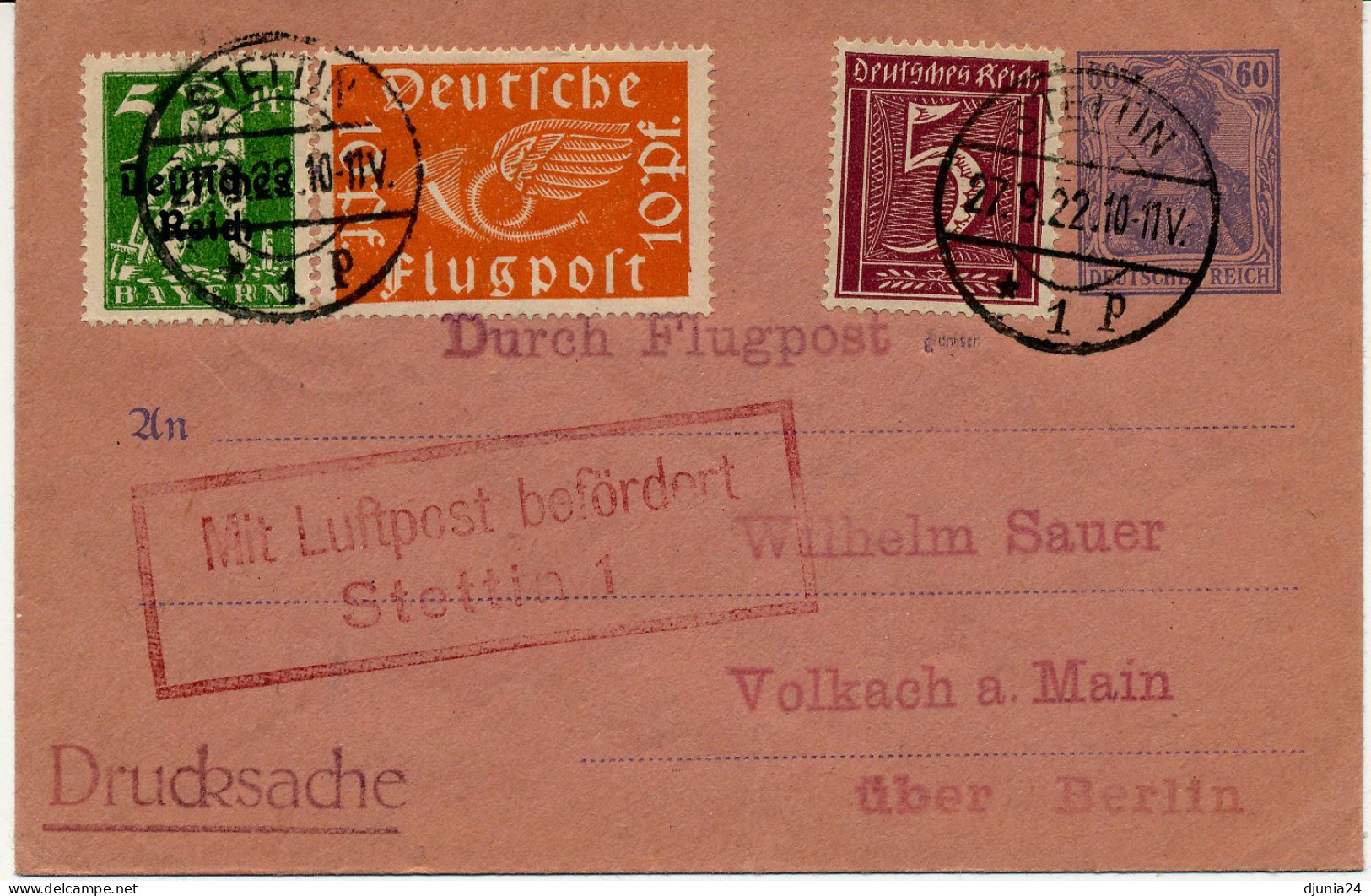 BF0720 / STETTIN  -  9.9.24  ,  Rohrpostbrief über Berlin Nach Volkach / Main   -  Michel  RU9 , 111 , 19 , 158 - Posta Aerea & Zeppelin