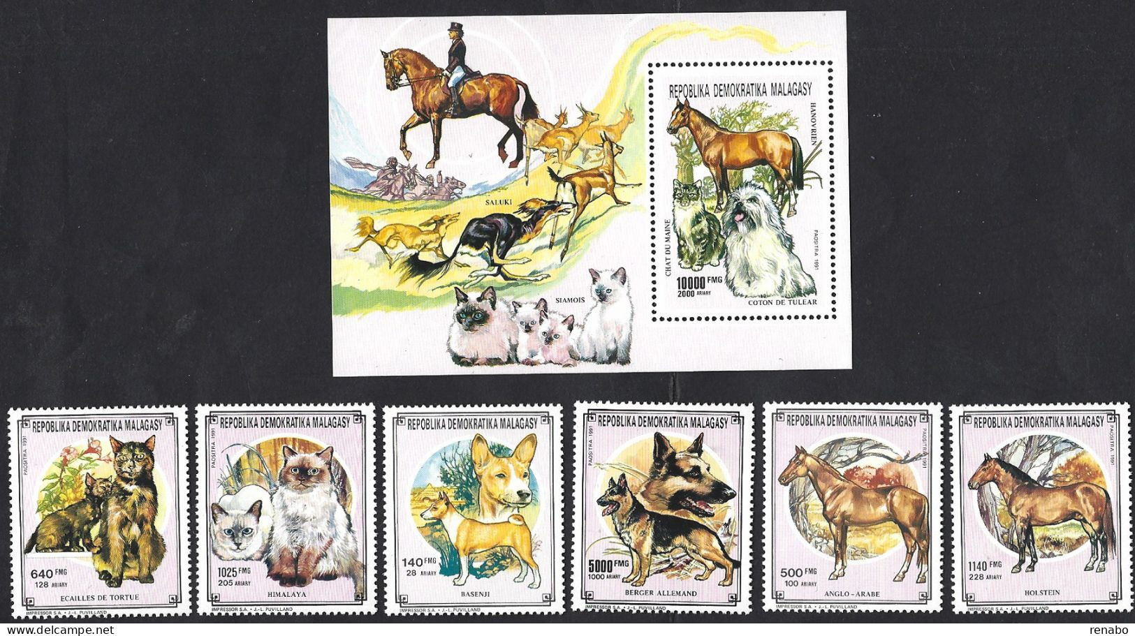 Madagascar, Rep. Malagasy 1991: 2 CATS + 2 Dogs + 2 Horses + S/s With Horse, Dog,SIAMESE Cat; Complete Set. - Katten