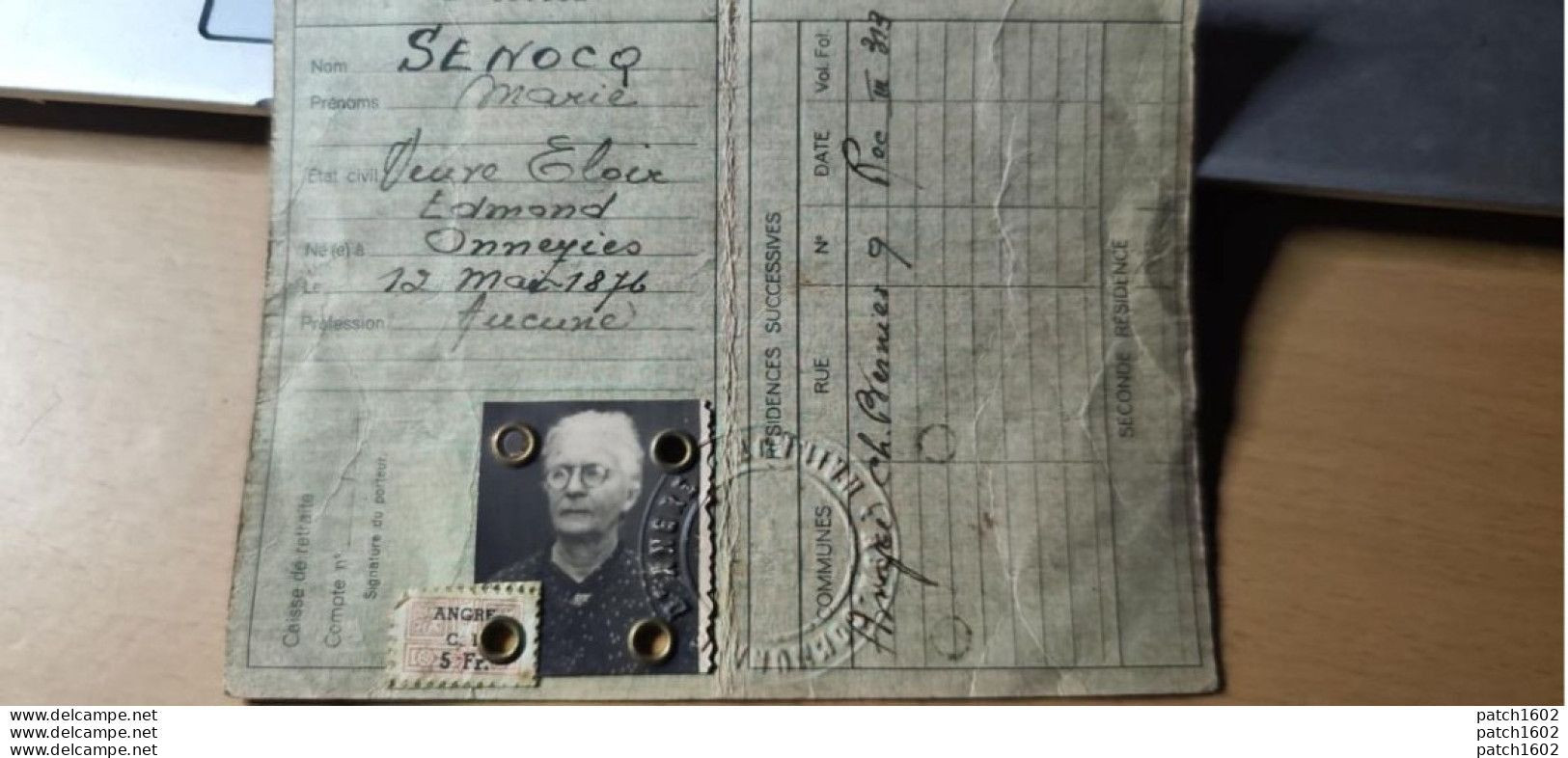 ANGRE Carte Identité NÉE 12 MAI 1876 SENOCQ MARIE - Genealogy