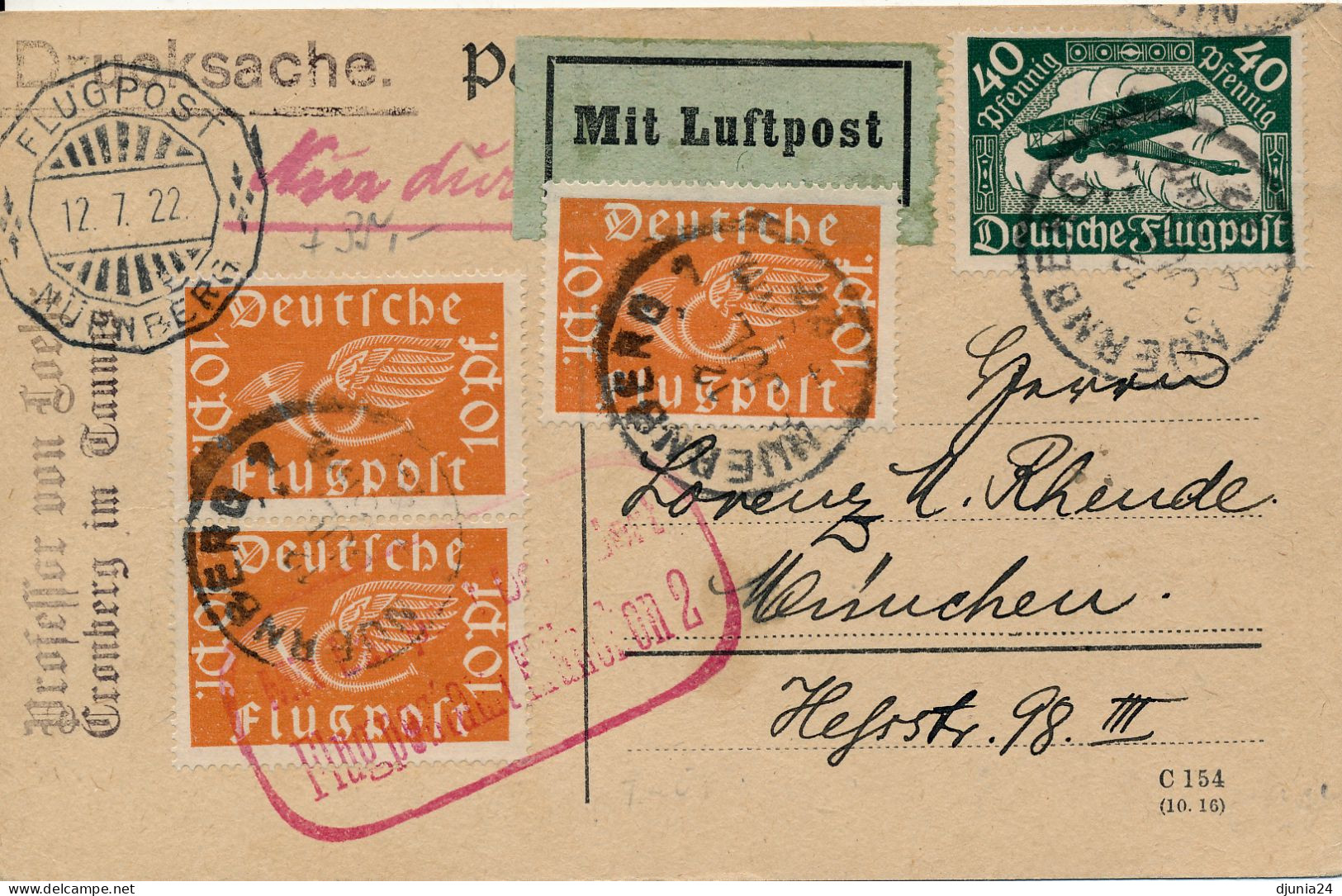 BF0722 / NÜRNBERG  -  12.7.22  ,   Luftpost Nach München   -  Michel  111 , 112 - Airmail & Zeppelin