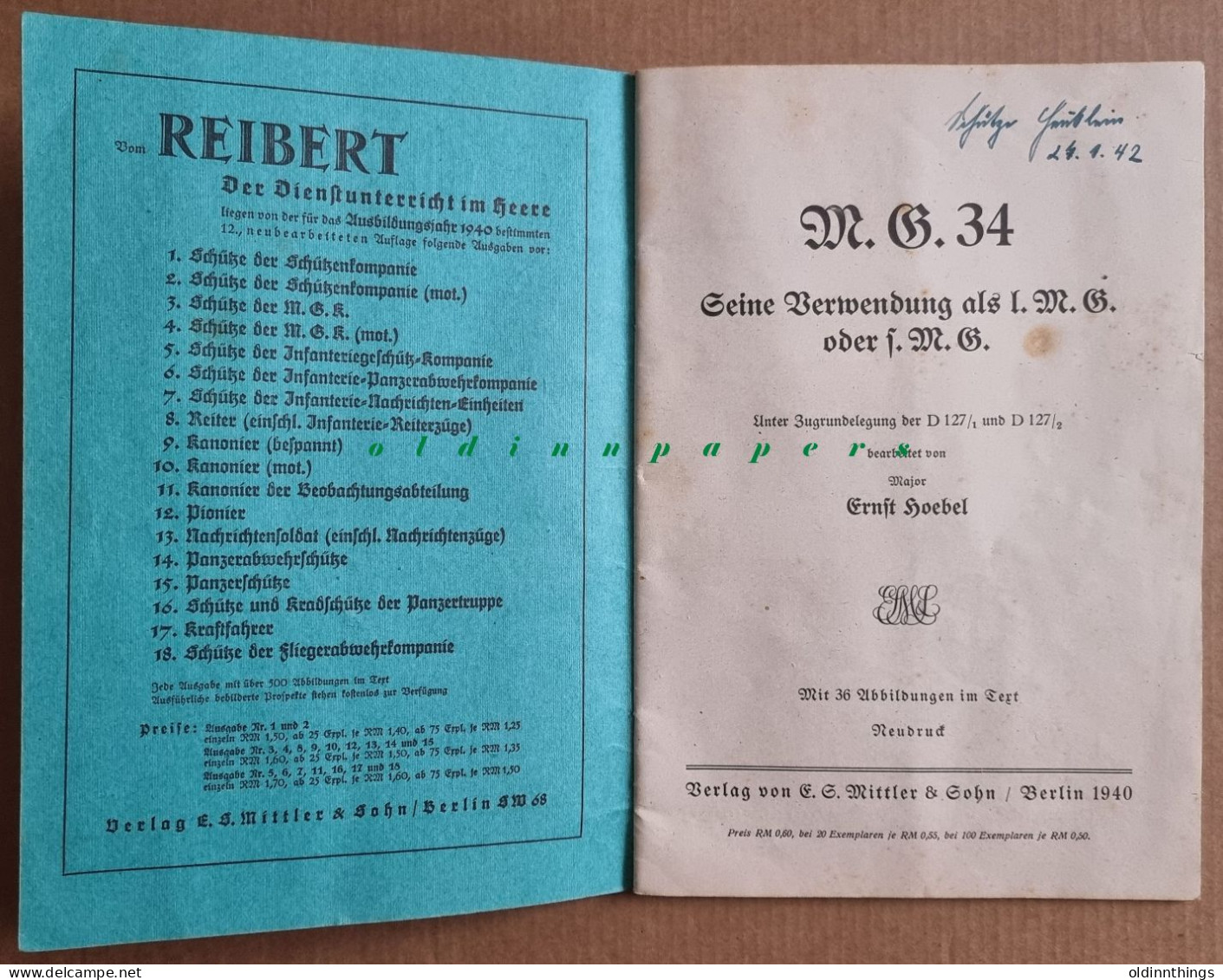 M.G.34 Seine Verwendung Dienstvorschrift Original Heft Ernst Hoebel 1940 - Alemán