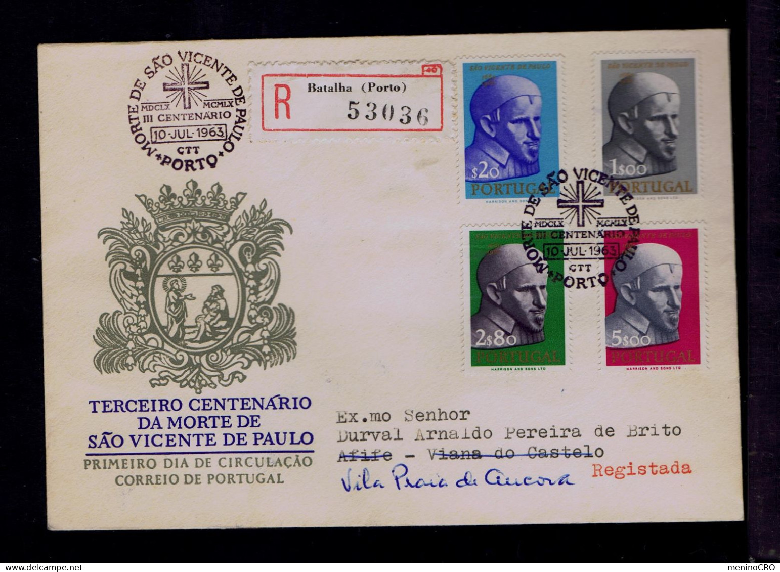 Gc8446 PORTUGAL "S.VICENTE DE PAULO 3th Cent." Fdc 1963-07-10 Porto (mailed SCARCE) V. Praia Ancora Statuary By Monsaraz - Covers & Documents
