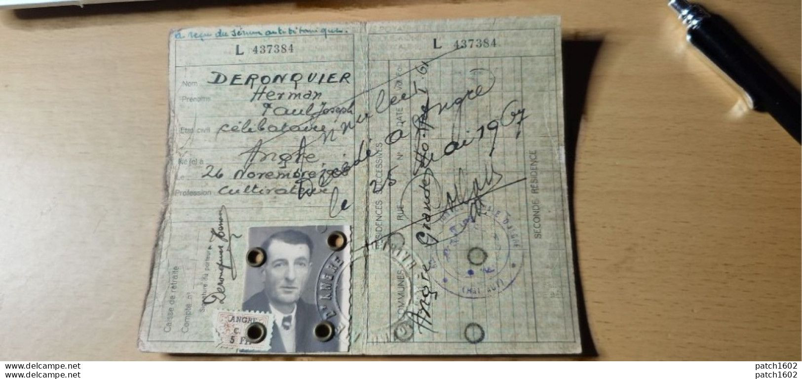 ANGRE Carte Identité DERONQUIER HERMAN Né à ANGRE 26/11/1908? DÉCÉDÉ 25/05/1967 - Genealogía