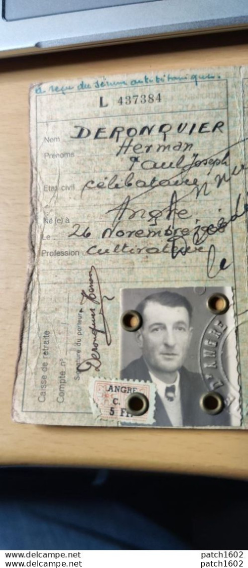 ANGRE Carte Identité DERONQUIER HERMAN Né à ANGRE 26/11/1908? DÉCÉDÉ 25/05/1967 - Genealogie