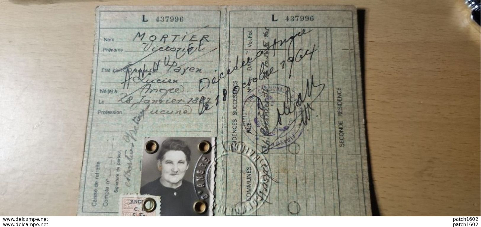 ANGRE Carte Identité MORTIER VICTORIA NÉE A ANGRE 1887 DÉCÉDÉE 1964 - Genealogía